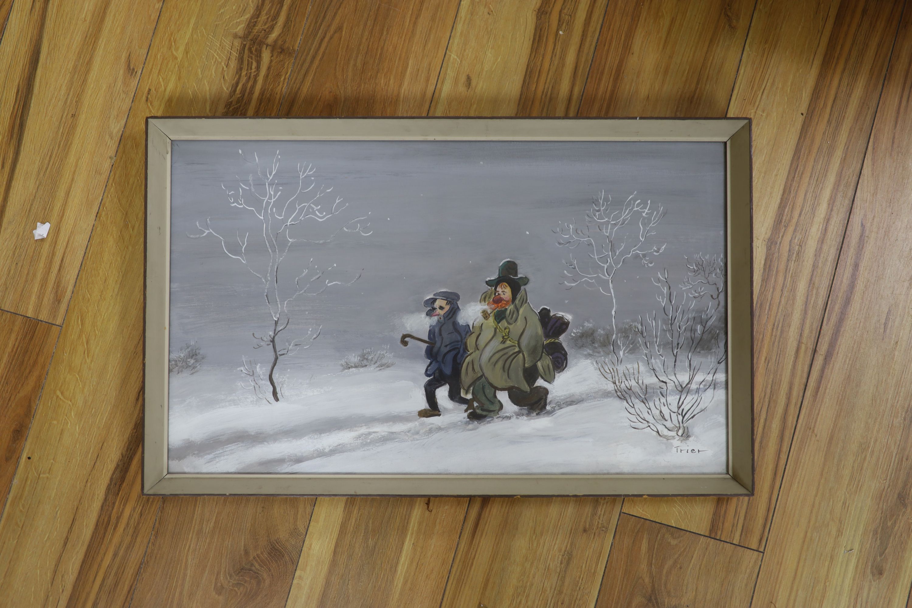 Walter Trier (1890-1951), gouache, Vagrants in winter, signed, 36 x 60cm